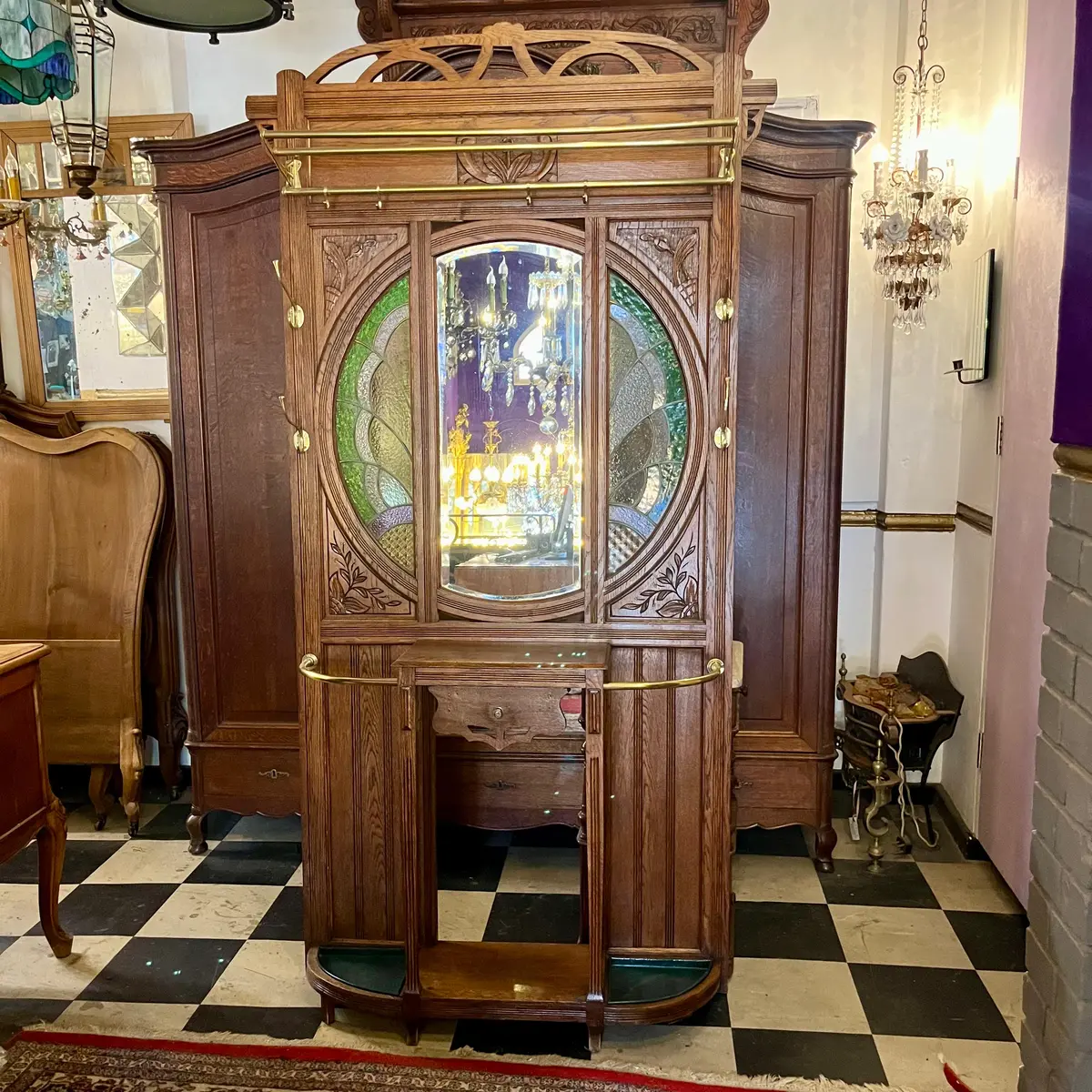 Gorgeous Art Nouveau With Stained Glass Hall Tree - Sold 1