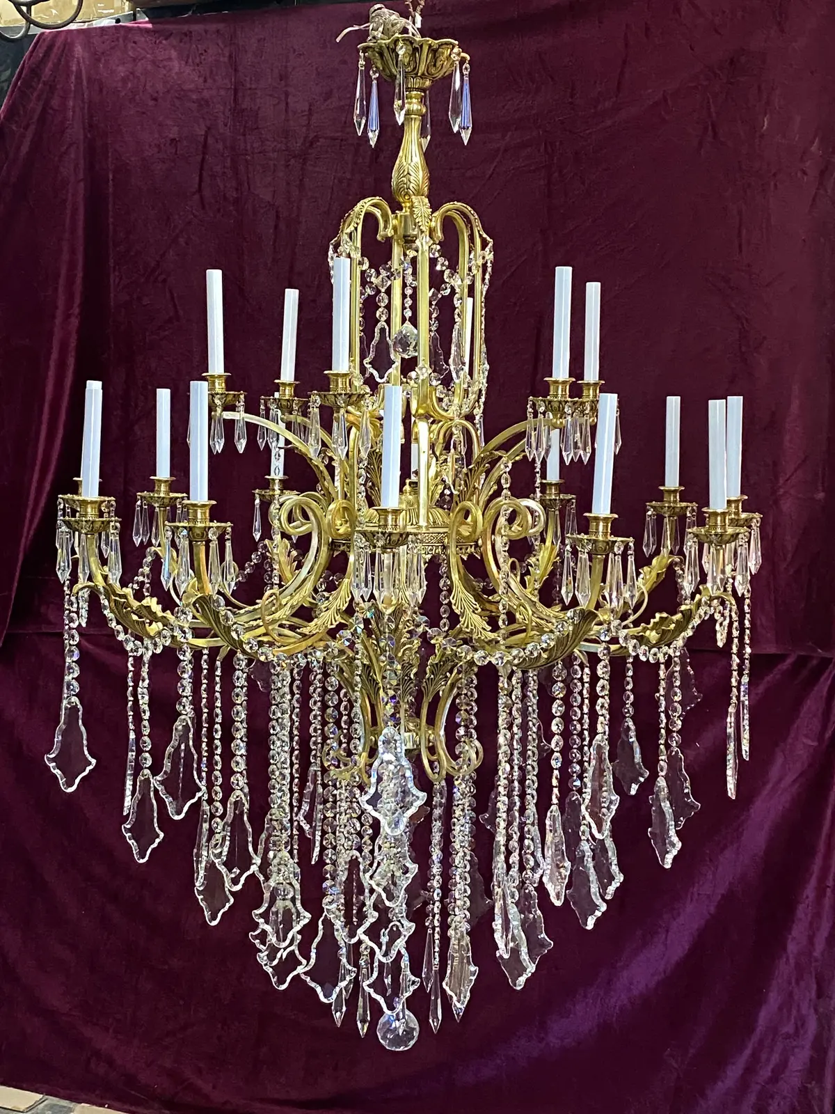 Very Large Brass And Crystal Chandelier With Leafy Details - Sold 1