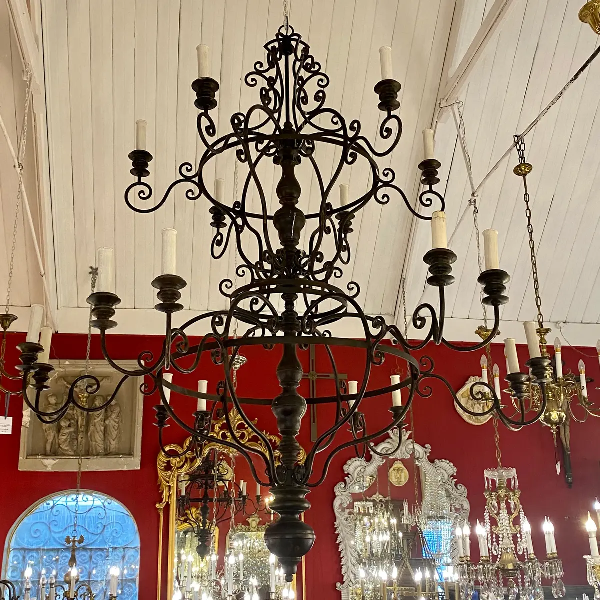 Extremely Large Wrought Iron And Dark Wood Chandelier - Sold 1