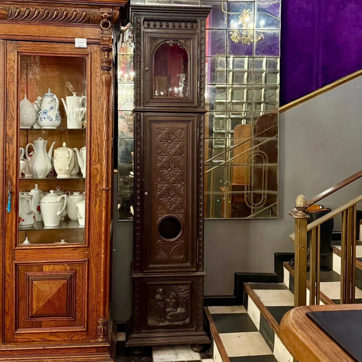 Antique Oak Carved Grandfather Clock Cabinet 1