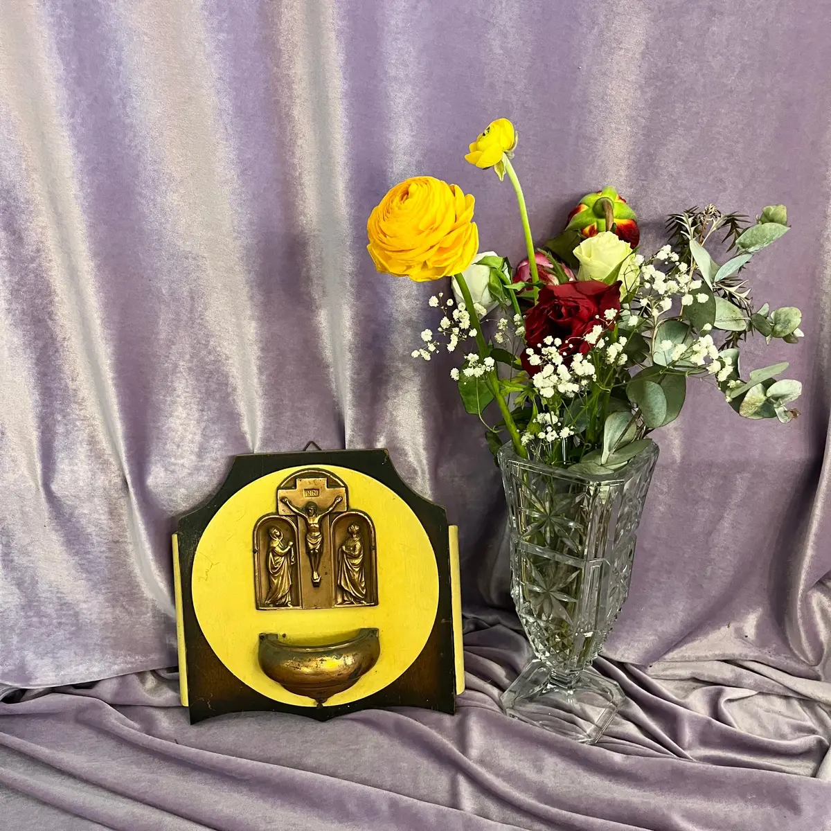 Crucifixion Brass Relief Holy Water Font 1