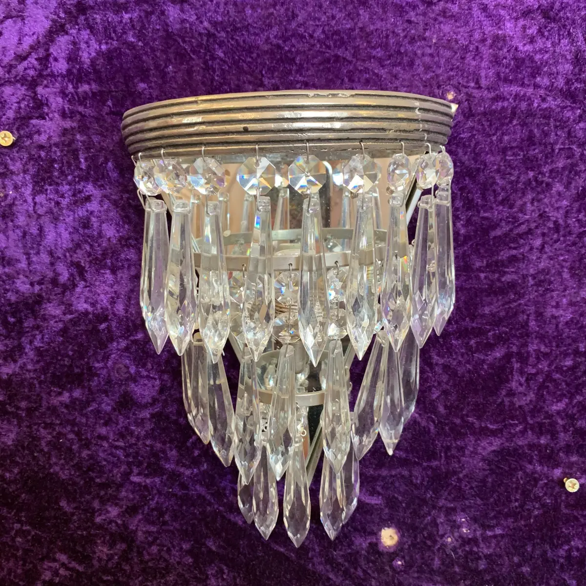 Nickel & Crystal Sconce With Cast Band Design - Sold 1