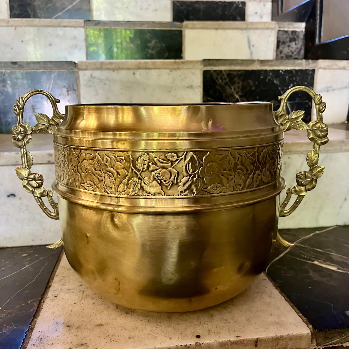 Embossed Brass Pot With Floral Detail 1