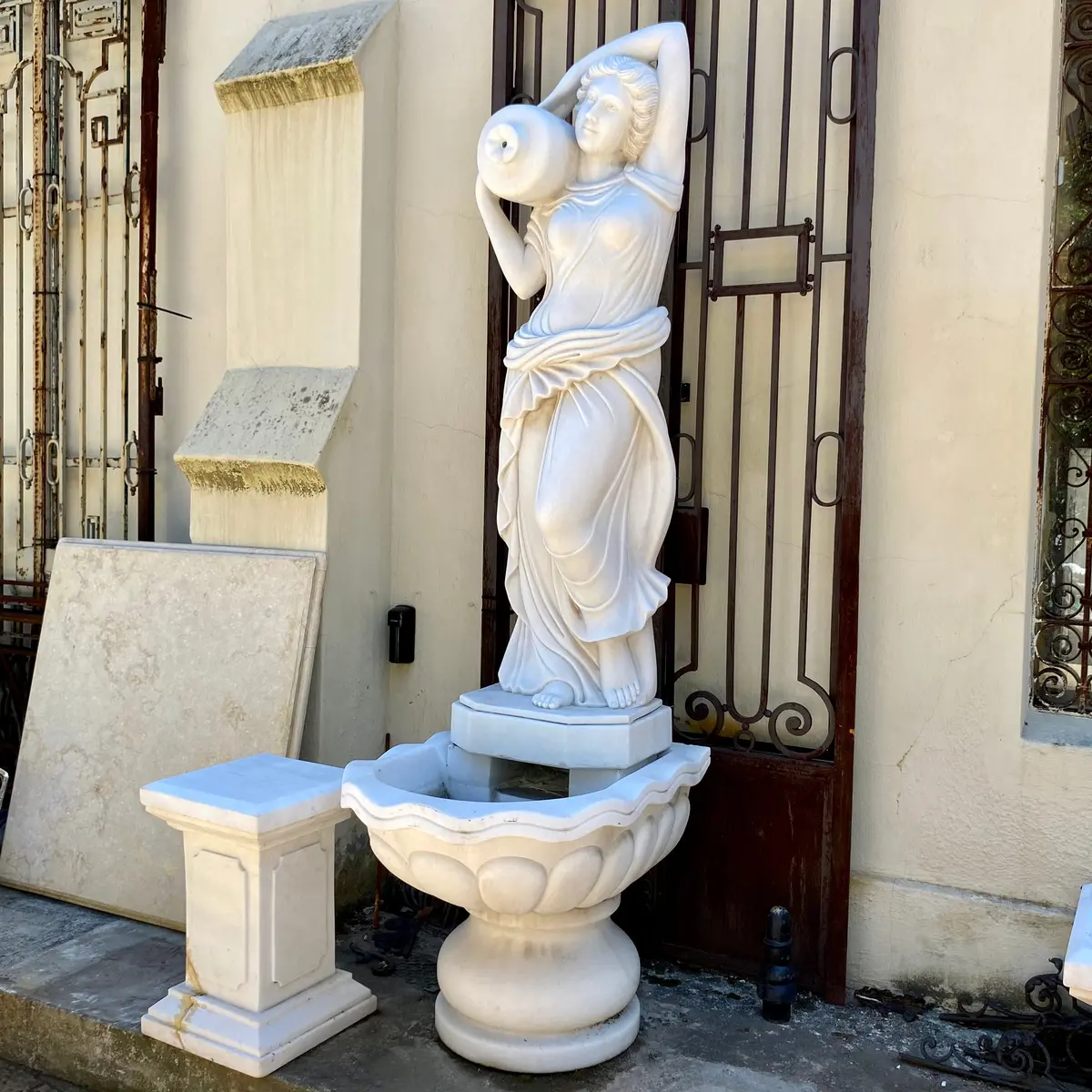 Stunning White Marble Fountain - Lady With Water Jug 1