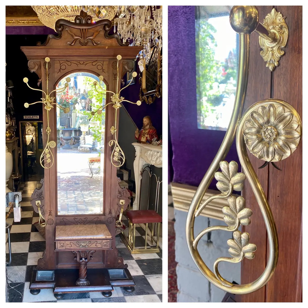 Antique Mahogany Hall Stand With Unusual Brass Hooks & Marble Top - Sold 1