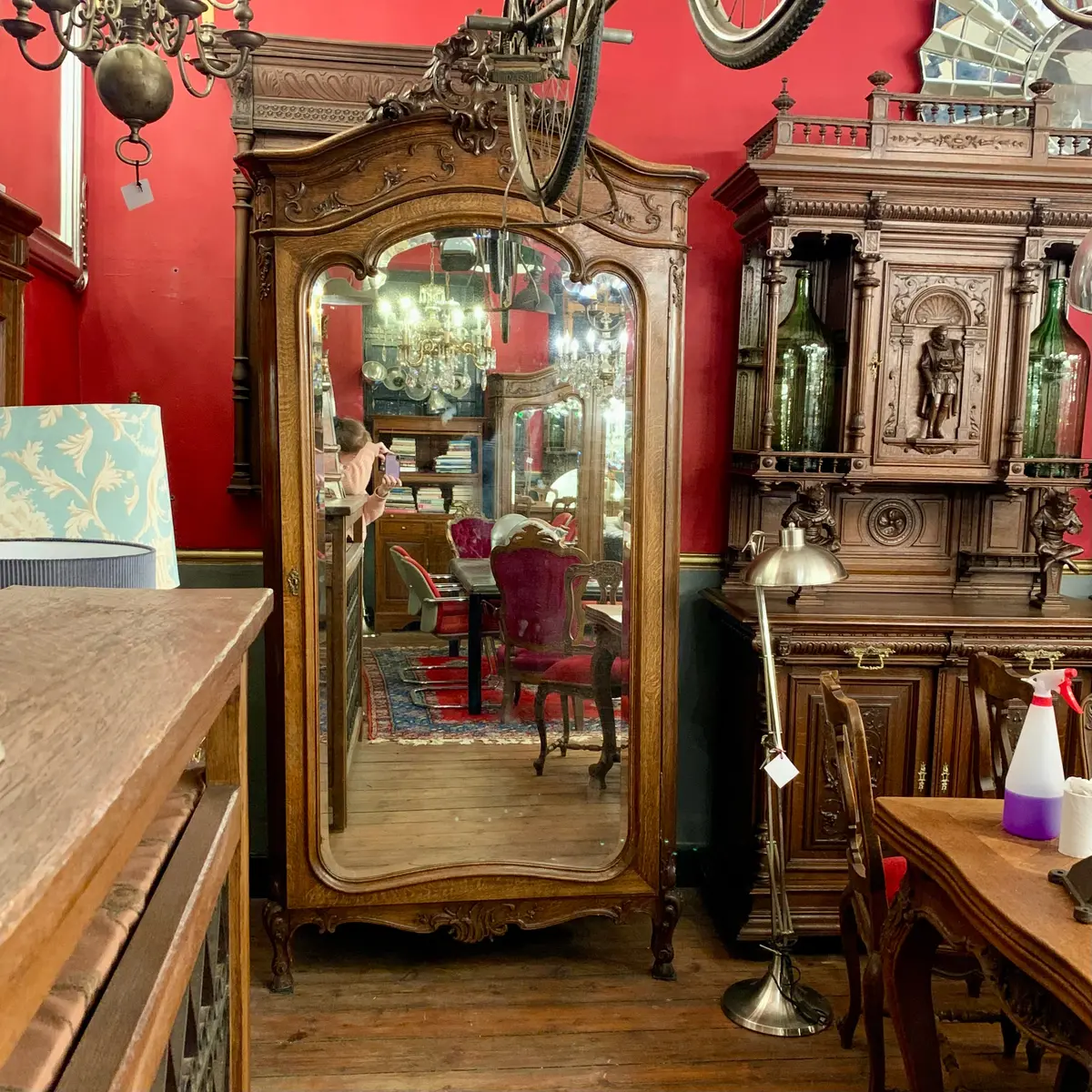 Antique Art Nouveau Oak Single Mirror Front Armoire 1