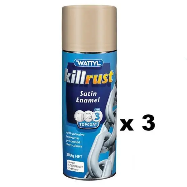 Wattyl Killrust Satin Enamel Spray Paint 300G Aerosol Paperbark X 3 1