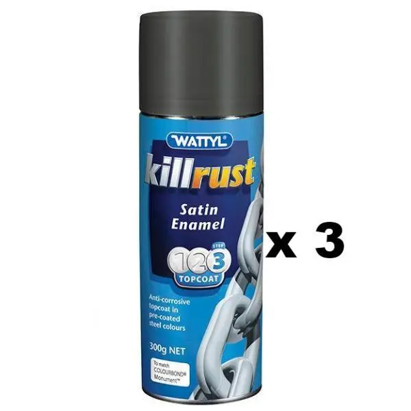 Wattyl Killrust Satin Enamel Spray Paint 300G Aerosol Monument X 3 1