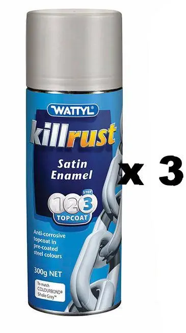 Wattyl Killrust Satin Enamel Spray Paint 300G Aerosol Shale Grey X 3 1
