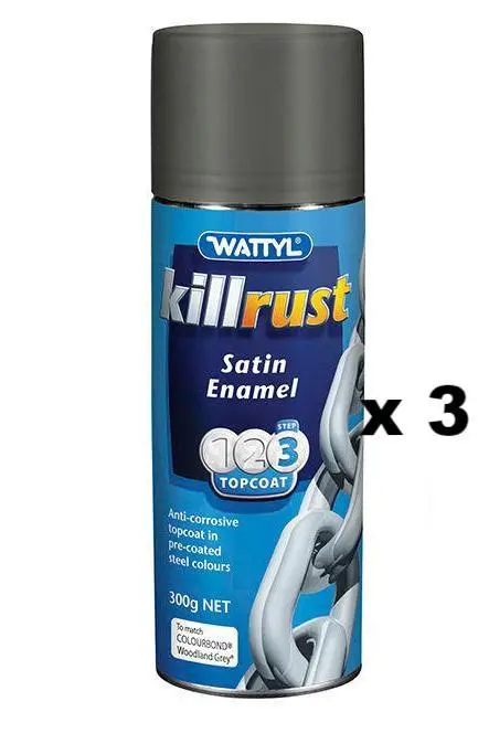 Wattyl Killrust Satin Enamel Spray Paint 300G Aerosol Woodland Grey X 3 1