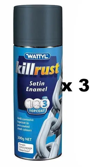 Wattyl Killrust Satin Enamel Spray Paint 300G Aerosol Deep Ocean X 3 1