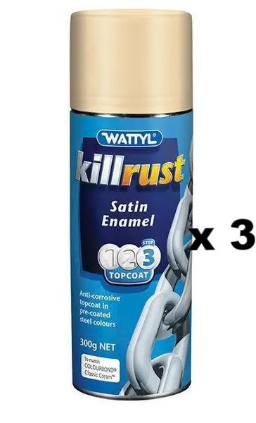 Wattyl Killrust Satin Enamel Spray Paint 300G Aerosol Classic Cream X 3 1