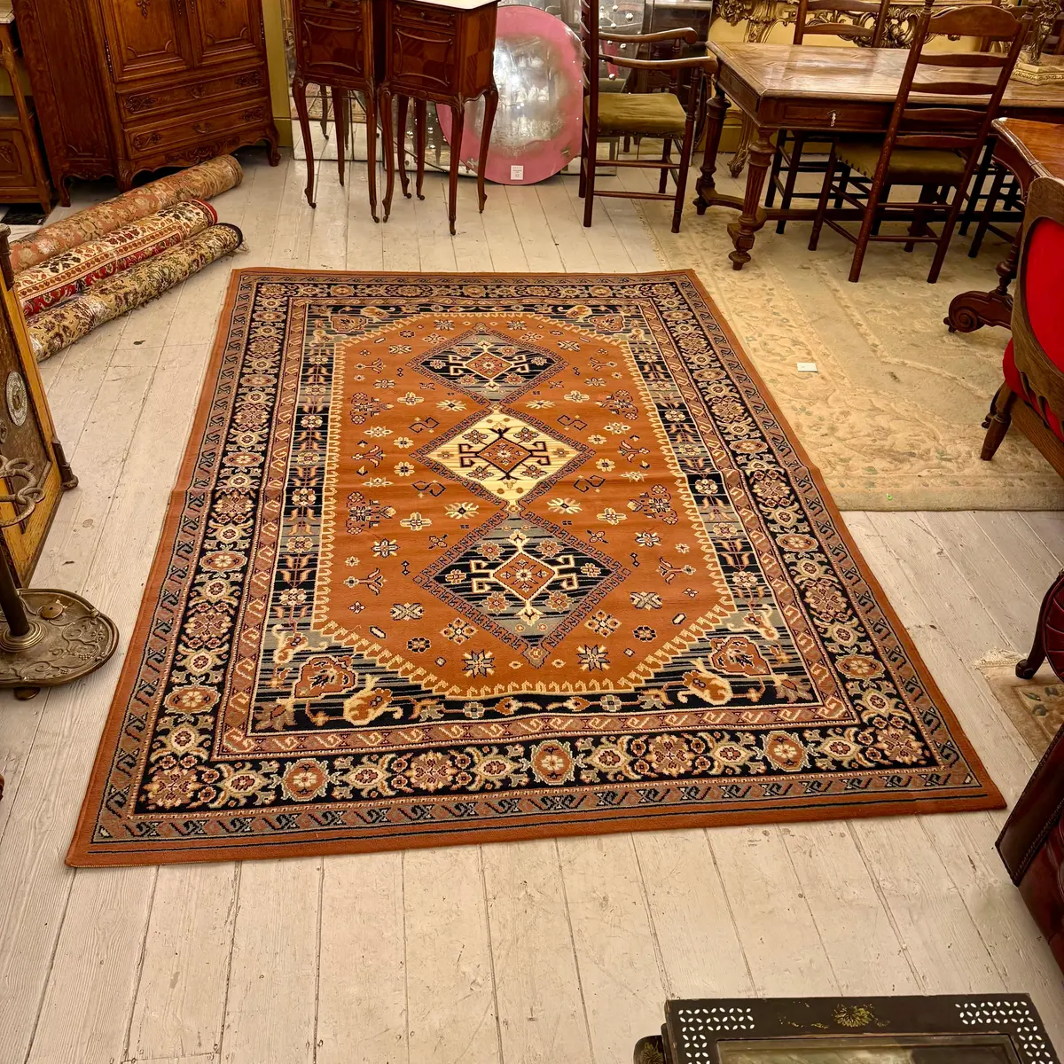 Geometric Rug In Rust And Navy Tones, Middle Eastern, C. Late 20Th Century 1