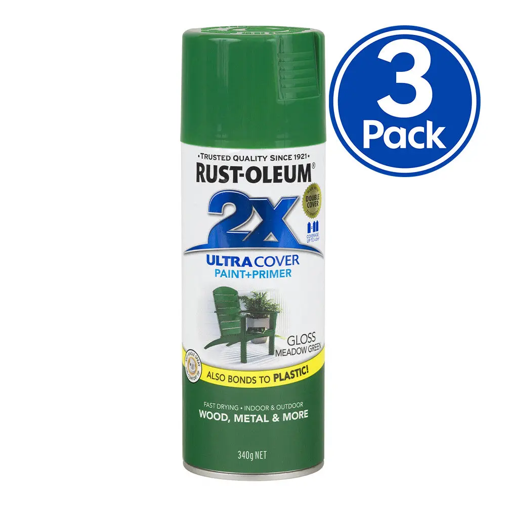Rust-Oleum 2X Gloss Paint & Primer Spray Paint 340G Meadow Green X 3 Pack 1
