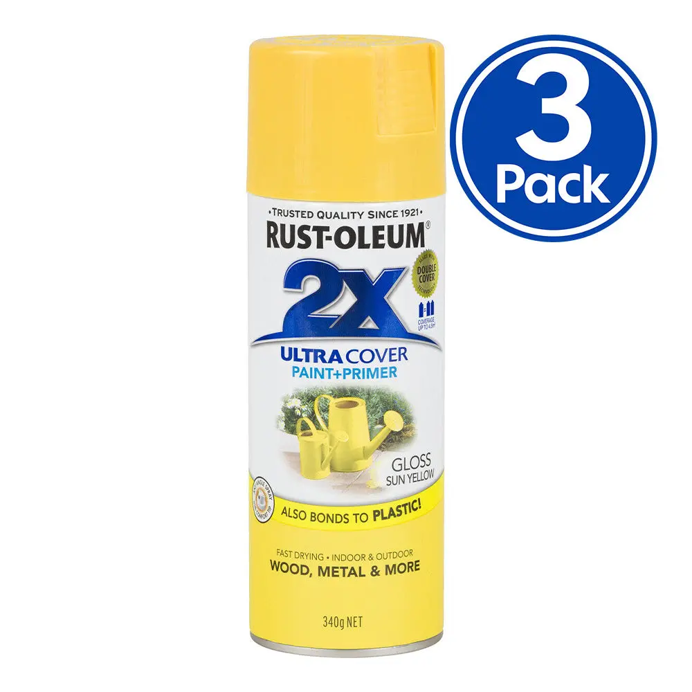 Rust-Oleum 2X Gloss Paint & Primer Spray Paint 340G Sun Yellow X 3 Pack 1