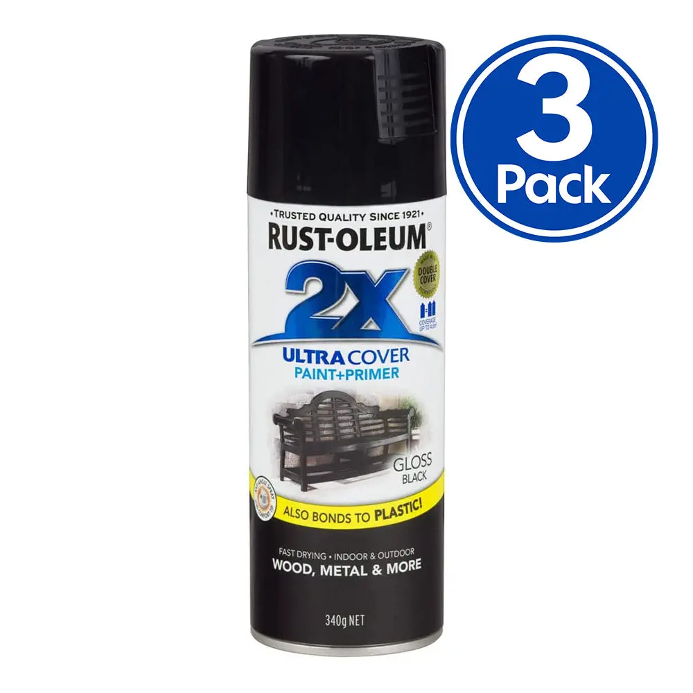 Rust-Oleum 2X Gloss Paint & Primer Spray Paint 340G Black X 3 Pack 1