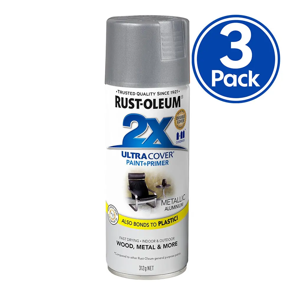 Rust-Oleum 2X Gloss Paint & Primer Spray Paint 340G Metallic Aluminium X 3 Pack 1