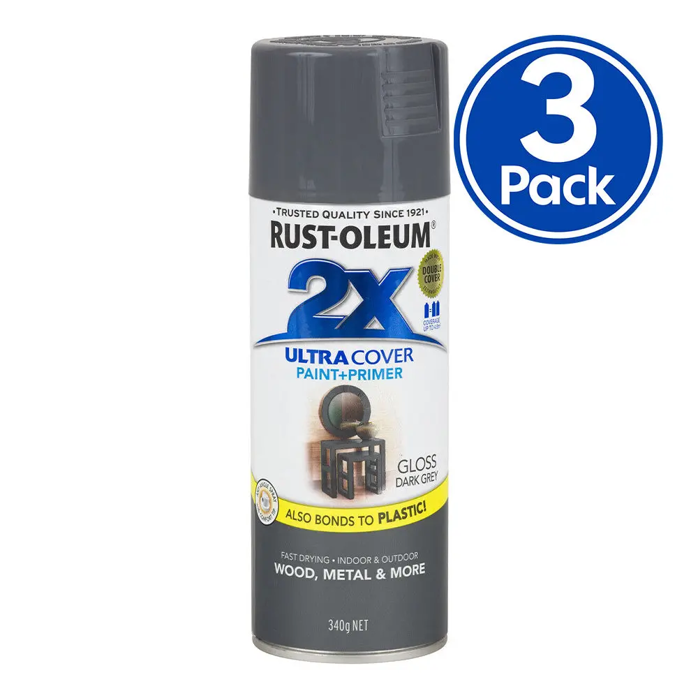 Rust-Oleum 2X Gloss Paint & Primer Spray Paint 340G Dark Grey X 3 Pack 1