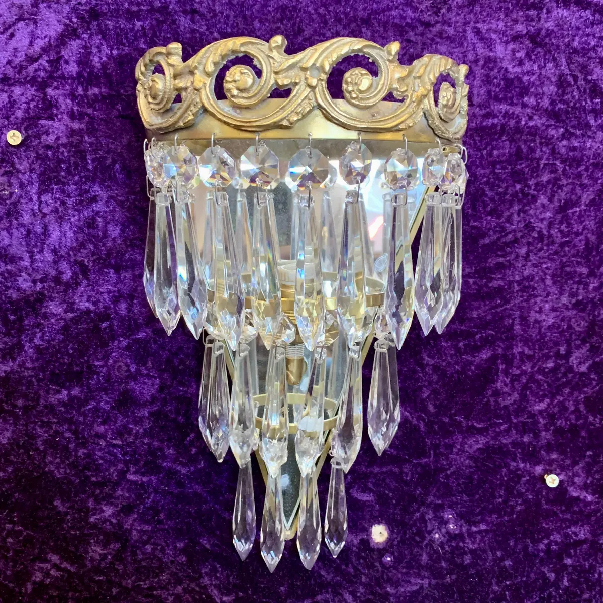 Pair Of Aged Brass & Crystal Waterfall Sconces - Sold 2