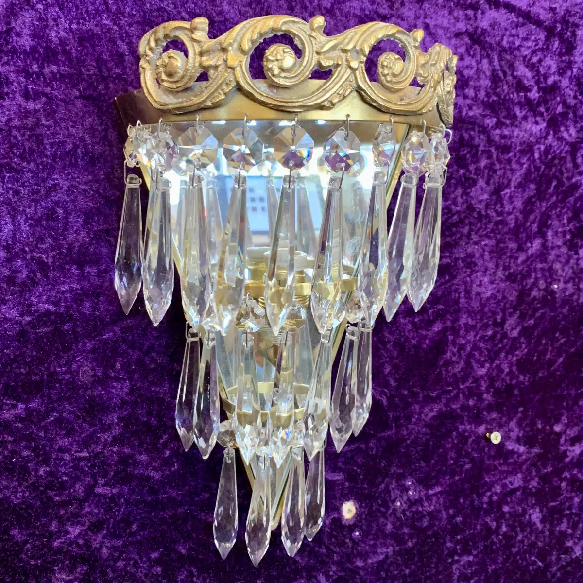 Pair Of Aged Brass & Crystal Waterfall Sconces - Sold 1