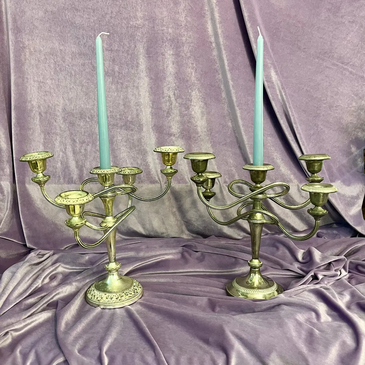 Near Pair Of Antique Polished Nickel Candelabras 1