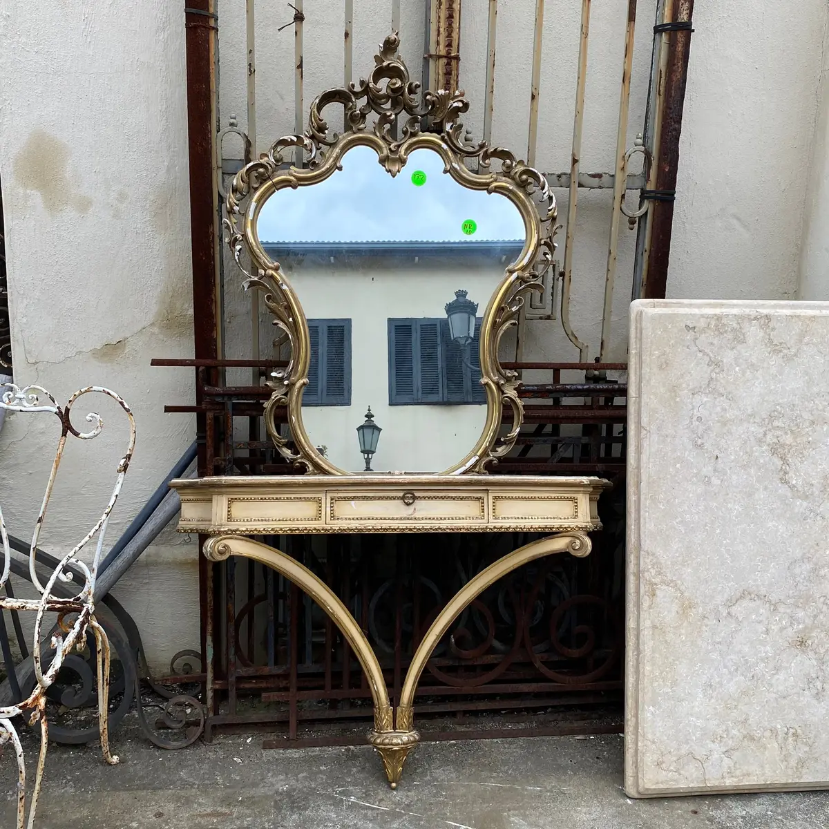 Antique Painted Mirror And Console Set With Marble Top 1