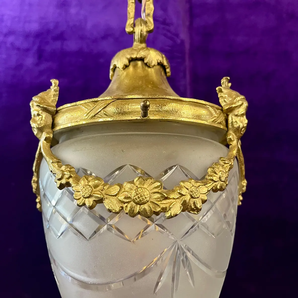 Antique Gilt Bronze & Frosted Glass Pendant With Decorative Mask Mounts - Sold 2