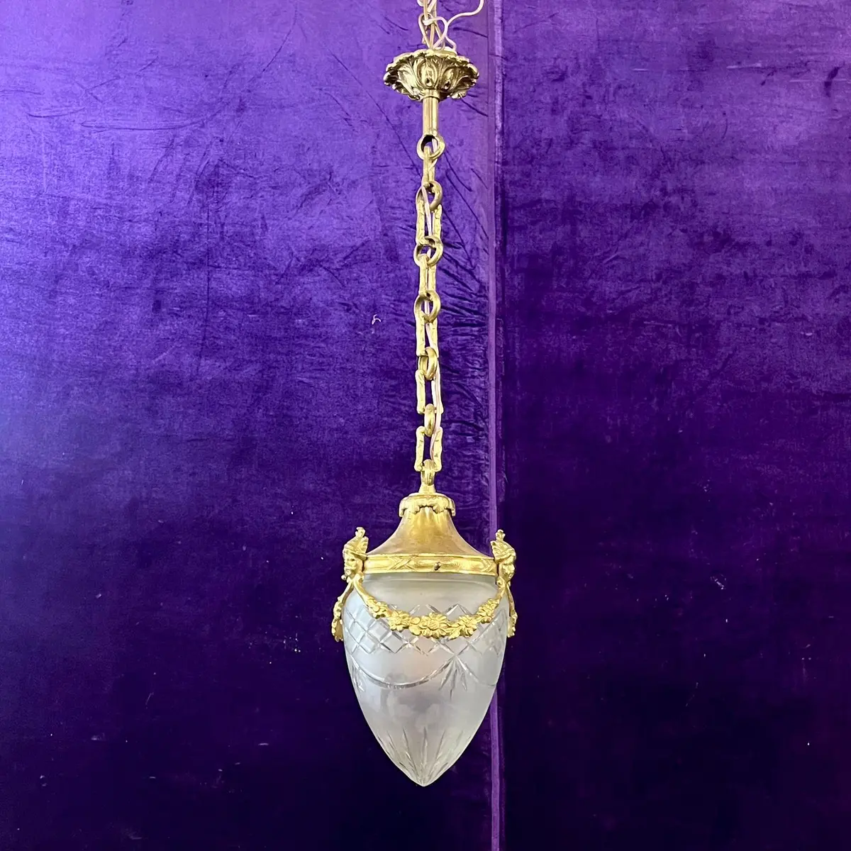 Antique Gilt Bronze & Frosted Glass Pendant With Decorative Mask Mounts - Sold 1