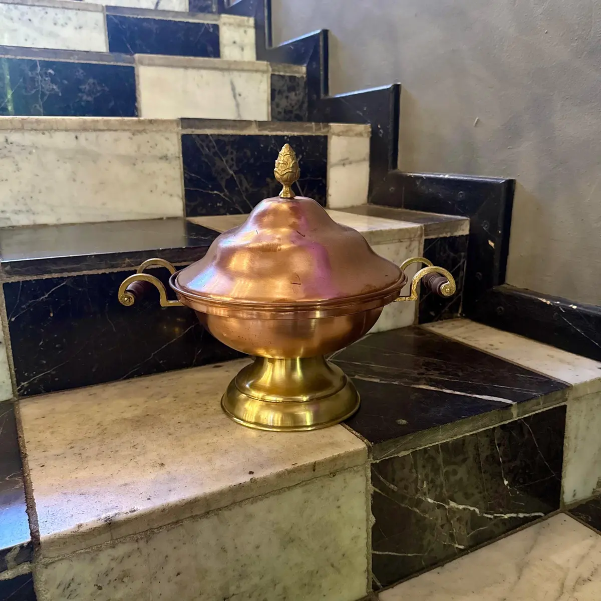 Copper And Brass Footed Serving Tureen With Acorn Finial 1