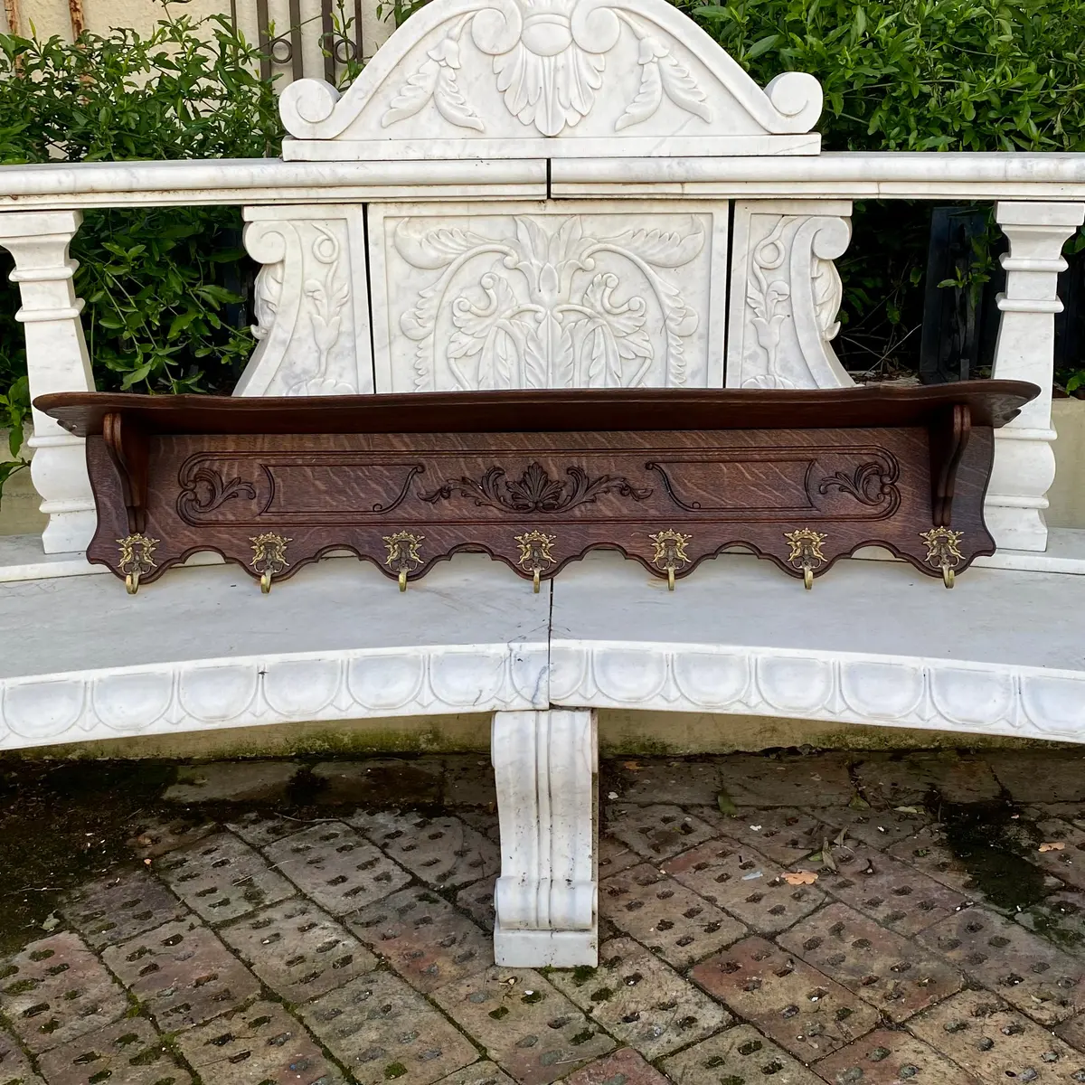Antique French Oak Coat Rack With Beautiful Brass Hooks 1