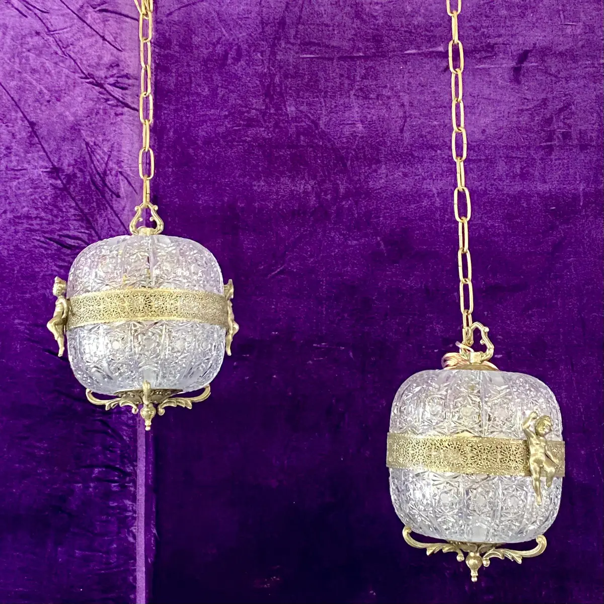 Beautiful Antique Pair Of Crystal Dome And Silver Plated Pendant - Sold 1