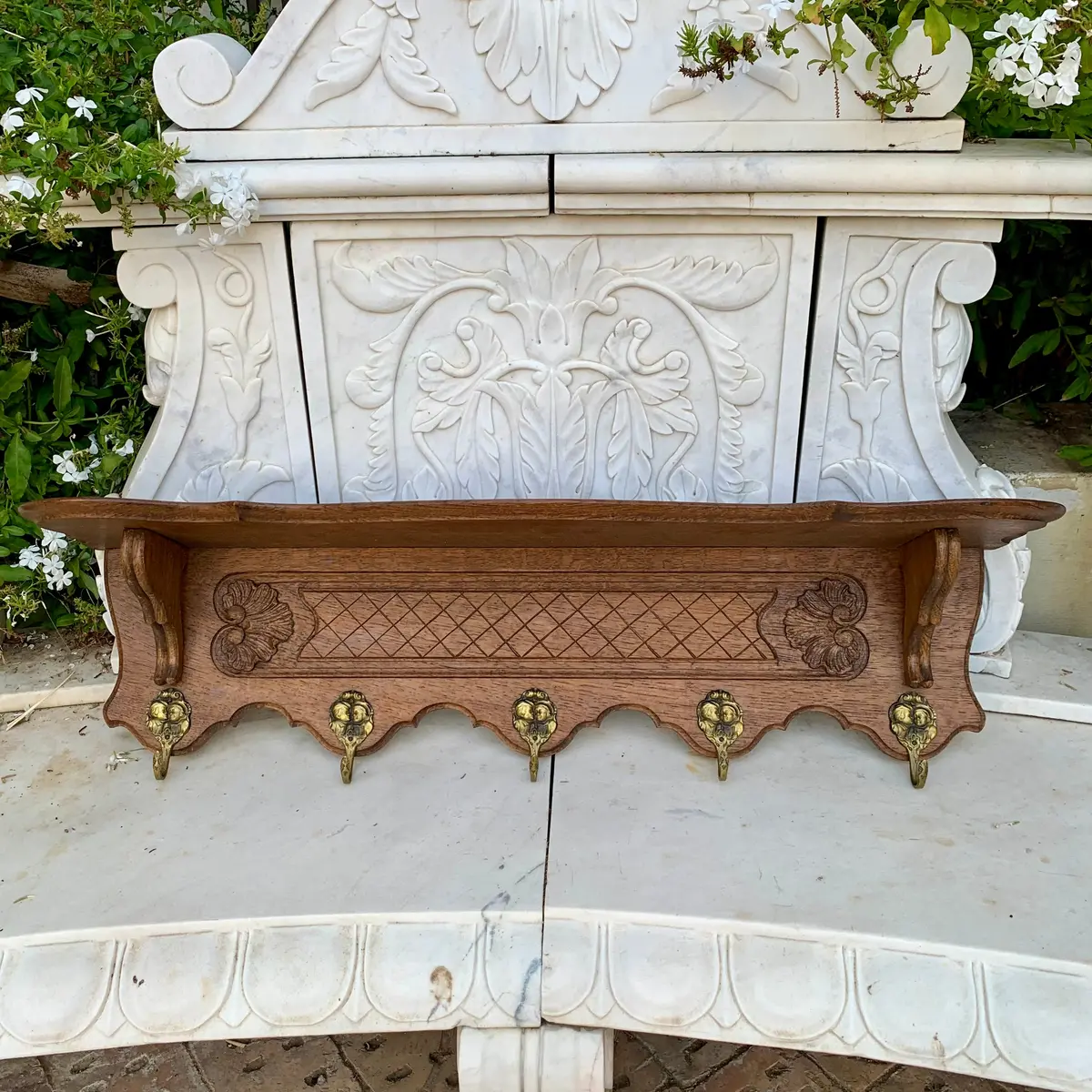 Pretty Carved French Oak Wall Coat Rack 1