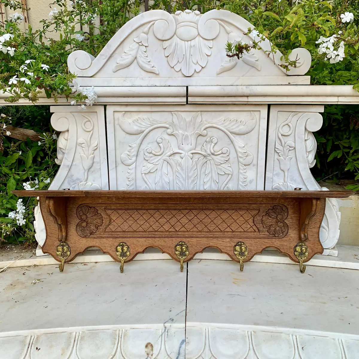 Pretty Carved French Oak Wall Coat Rack 2