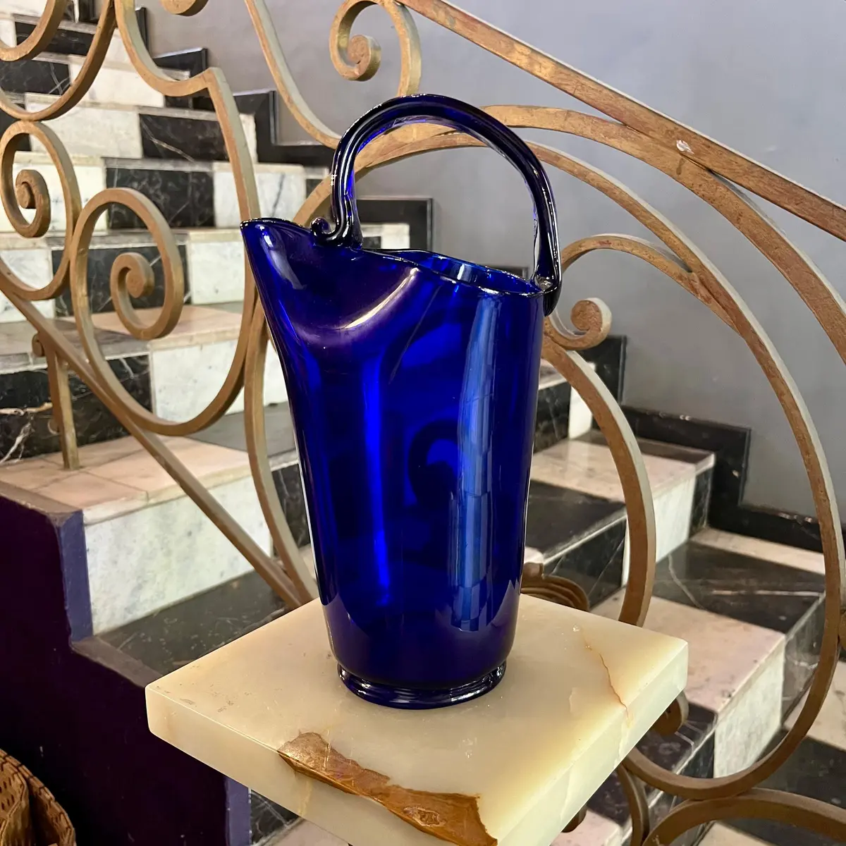 Murano Style Cobalt Blue Glass Ewer With Sculptural Handle 1