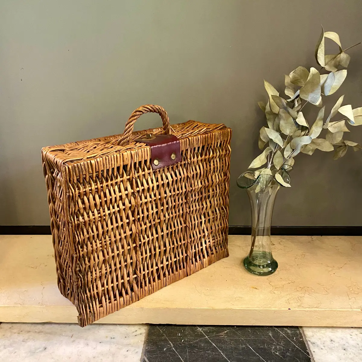 Sweet Vintage Wicker And Leather Clasp Picnic Basket - Sold 1