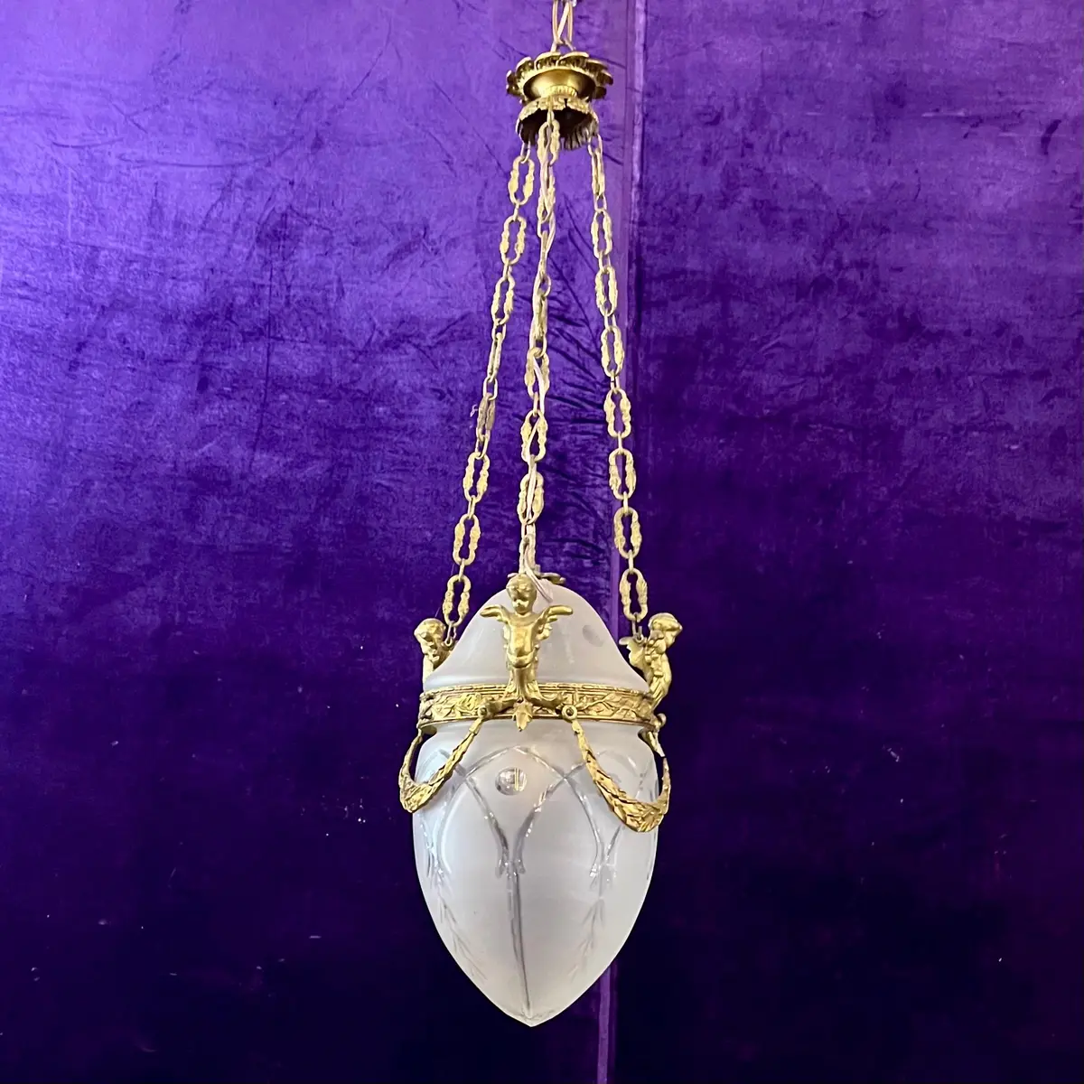 Antique Gilt Bronze & Frosted Glass Pendant With Cherub Mounts - Sold 1