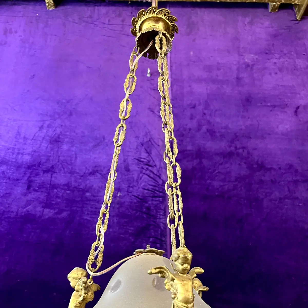 Antique Gilt Bronze & Frosted Glass Pendant With Cherub Mounts - Sold 2