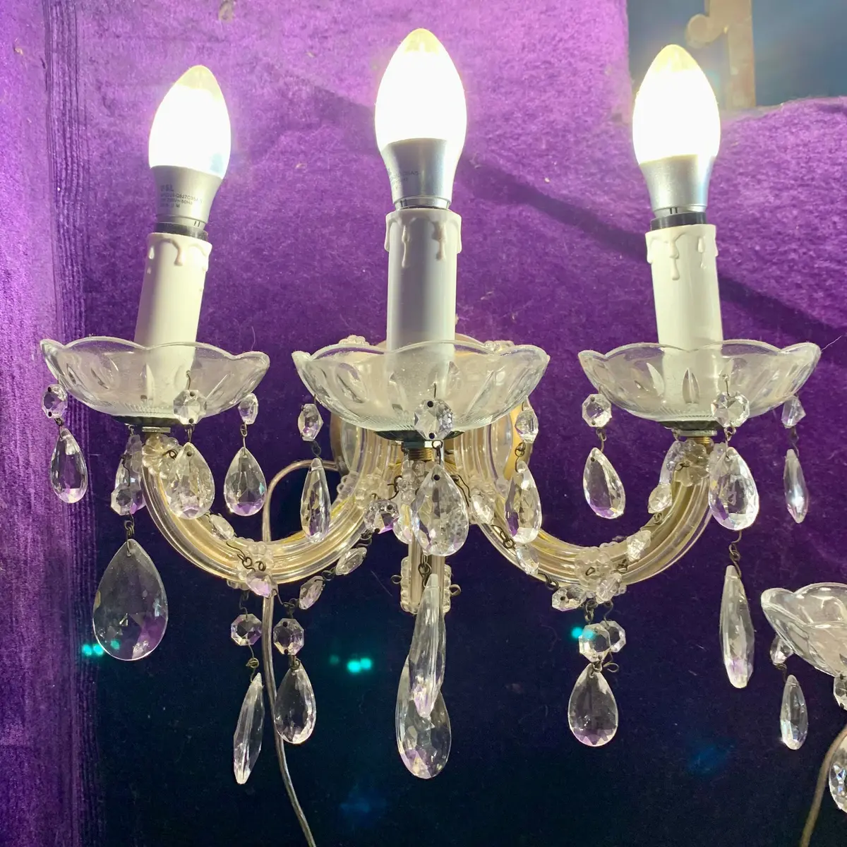 Pair Of Maria Theresa Three Arm Glass & Crystal Wall Sconce 1