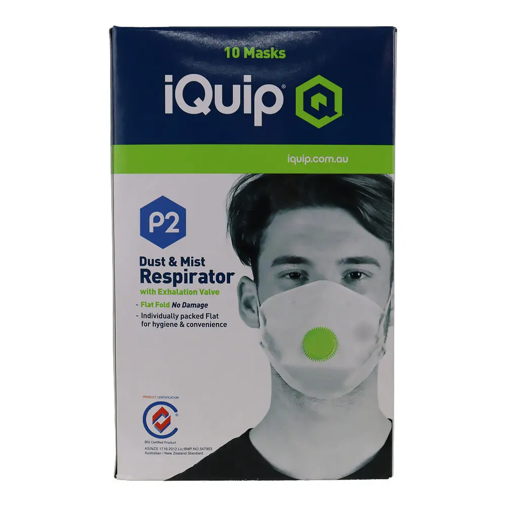 Iquip Dust & Mist Mask P2 Flat Fold With Valve 10 Pack Respirator Safety 1