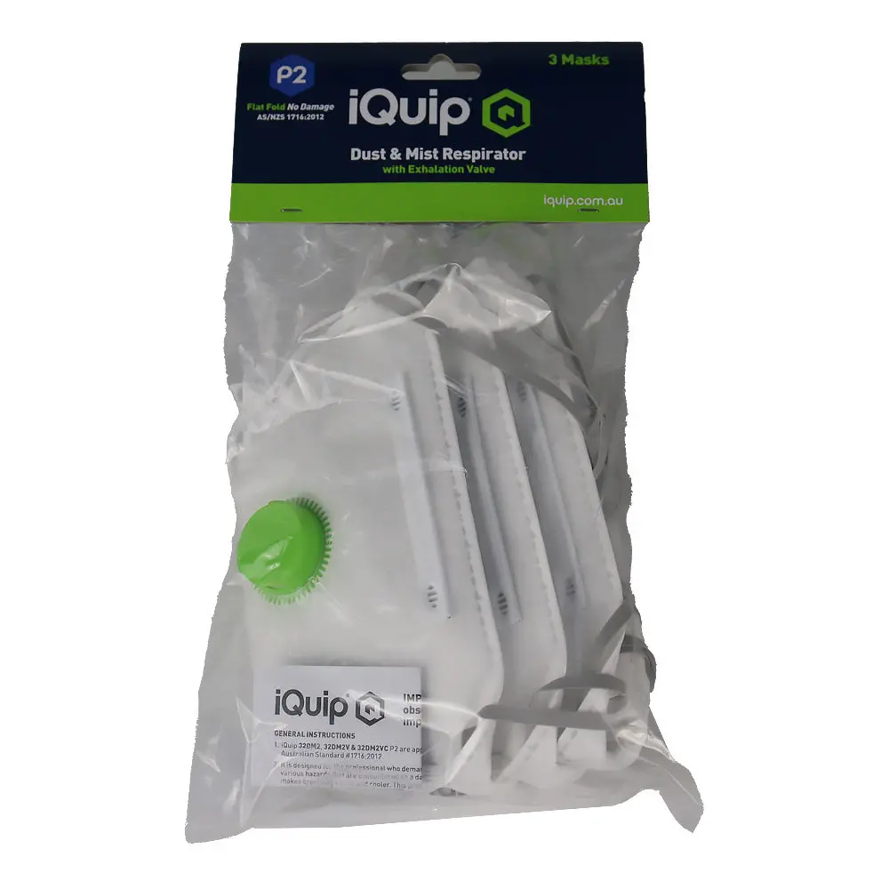 Iquip Dust & Mist Mask P2 Flat Fold With Valve 3 Pack Respirator Safety 1