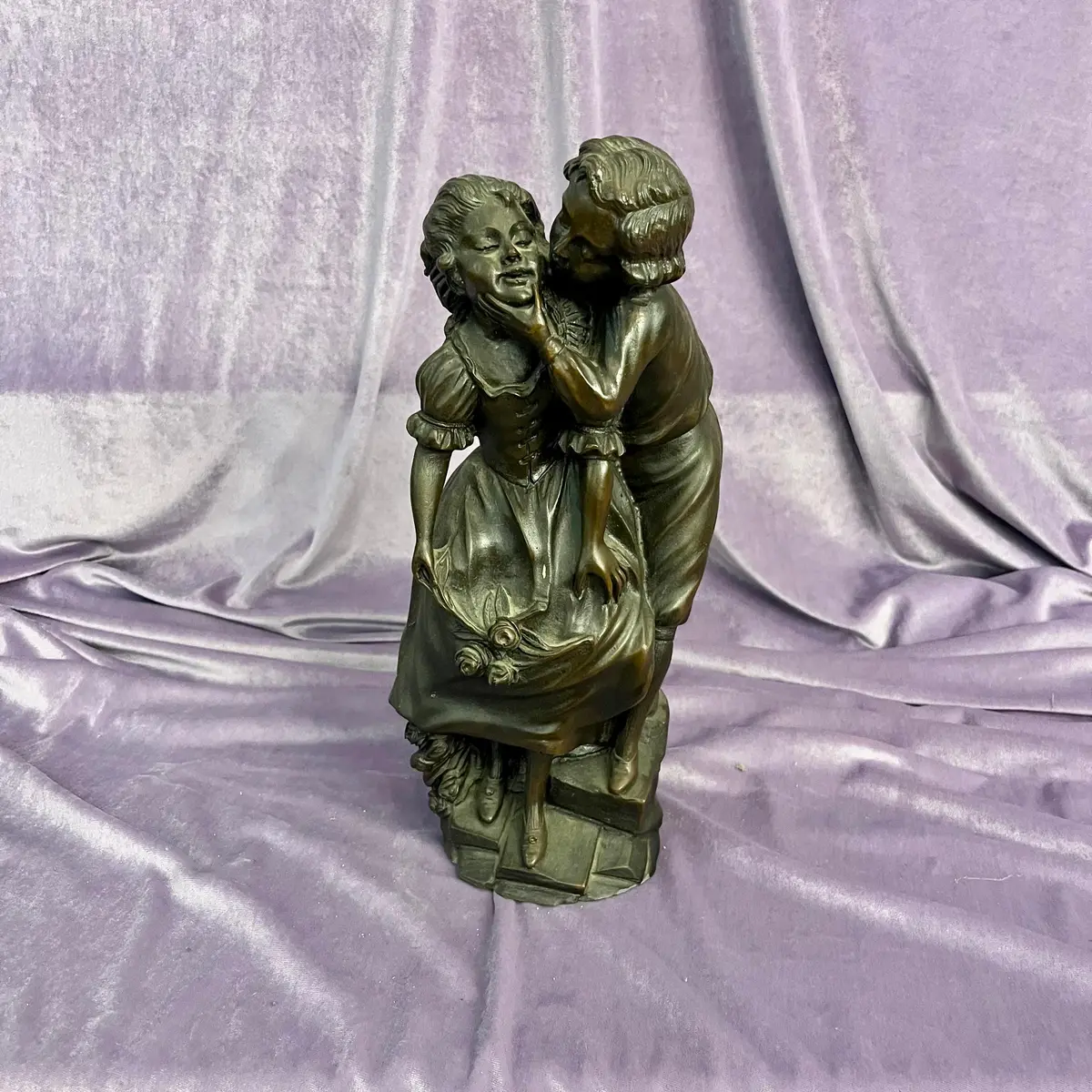 Antique Cast Statuette Of Boy Kissing Girl 1