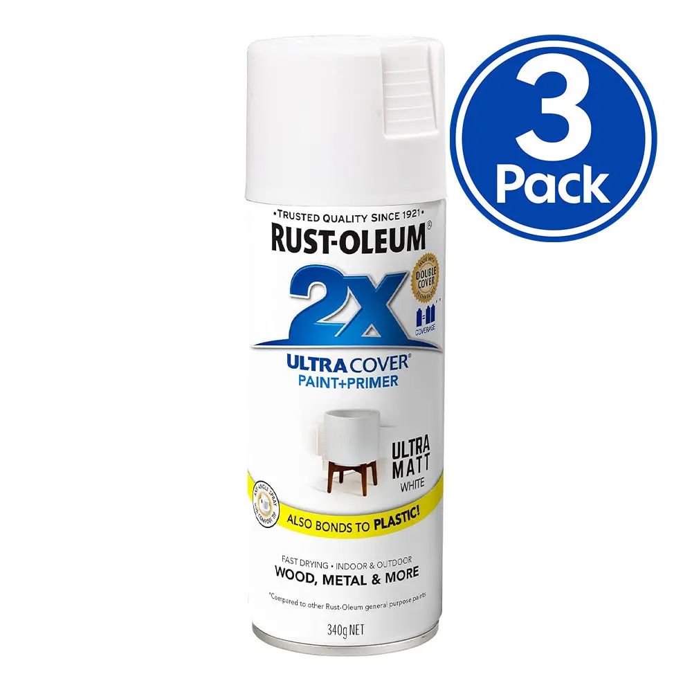 Rust-Oleum 2X Ultra Cover Matt Paint & Primer Spray Paint 340G White X 3 Pack 1
