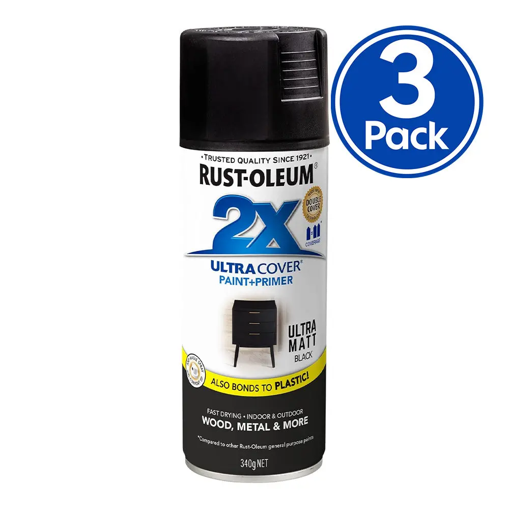 Rust-Oleum 2X Ultra Cover Matt Paint & Primer Spray Paint 340G Black X 3 Pack 1