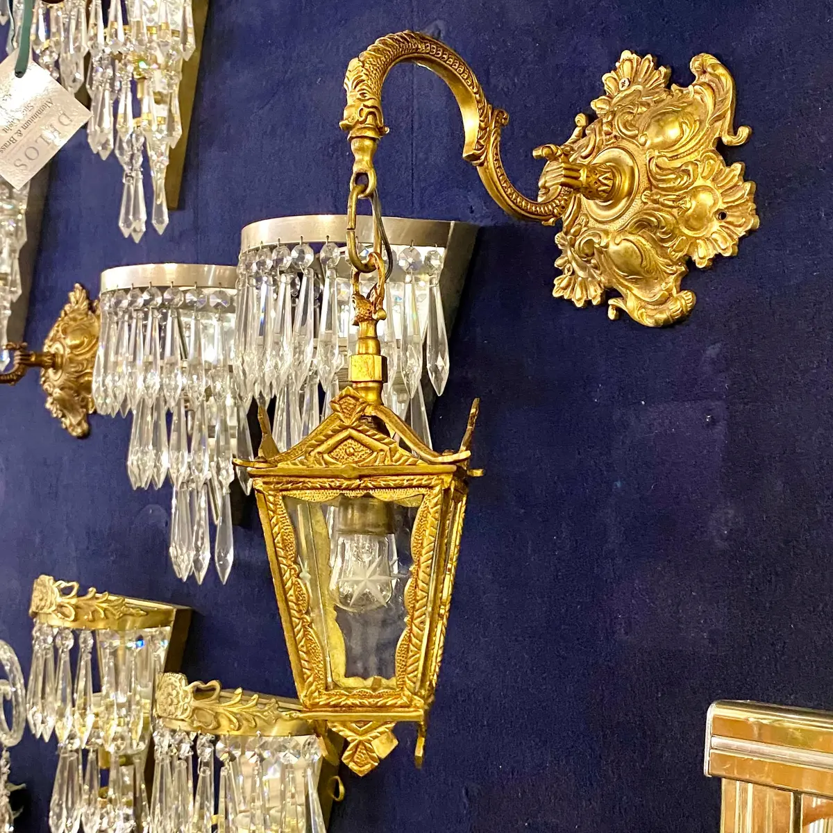 Antique Polished Brass Wall Sconce Lanterns With Gryphon Detail - Sold 1