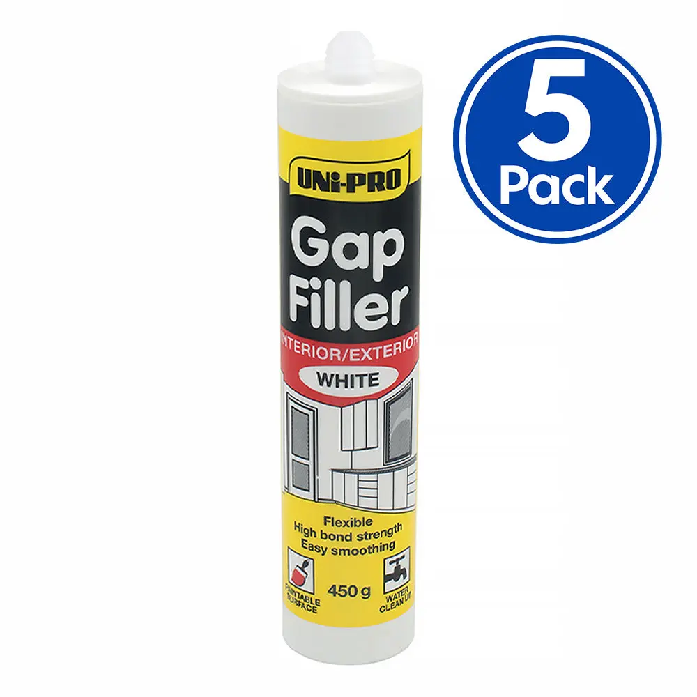 Uni-Pro Gap Filler Interior Exterior Sealant White Gaps Cracks 450G X 5 Pack 1