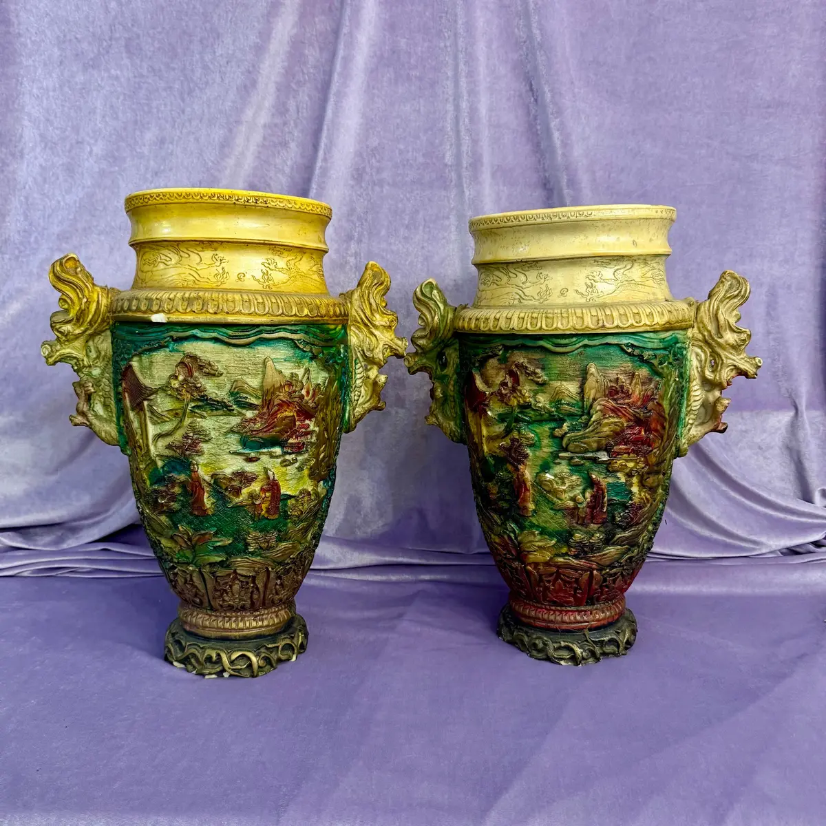 Near Pair Vintage Vases With Dragon Handles And Rustic Village Scene 1