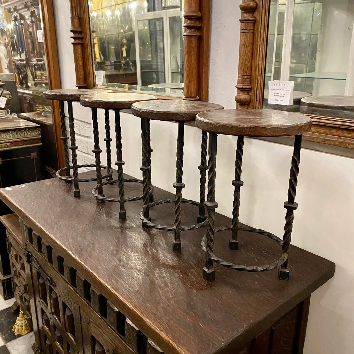 Set Of 4 Antique Oak Spanish Stools - Sold 1
