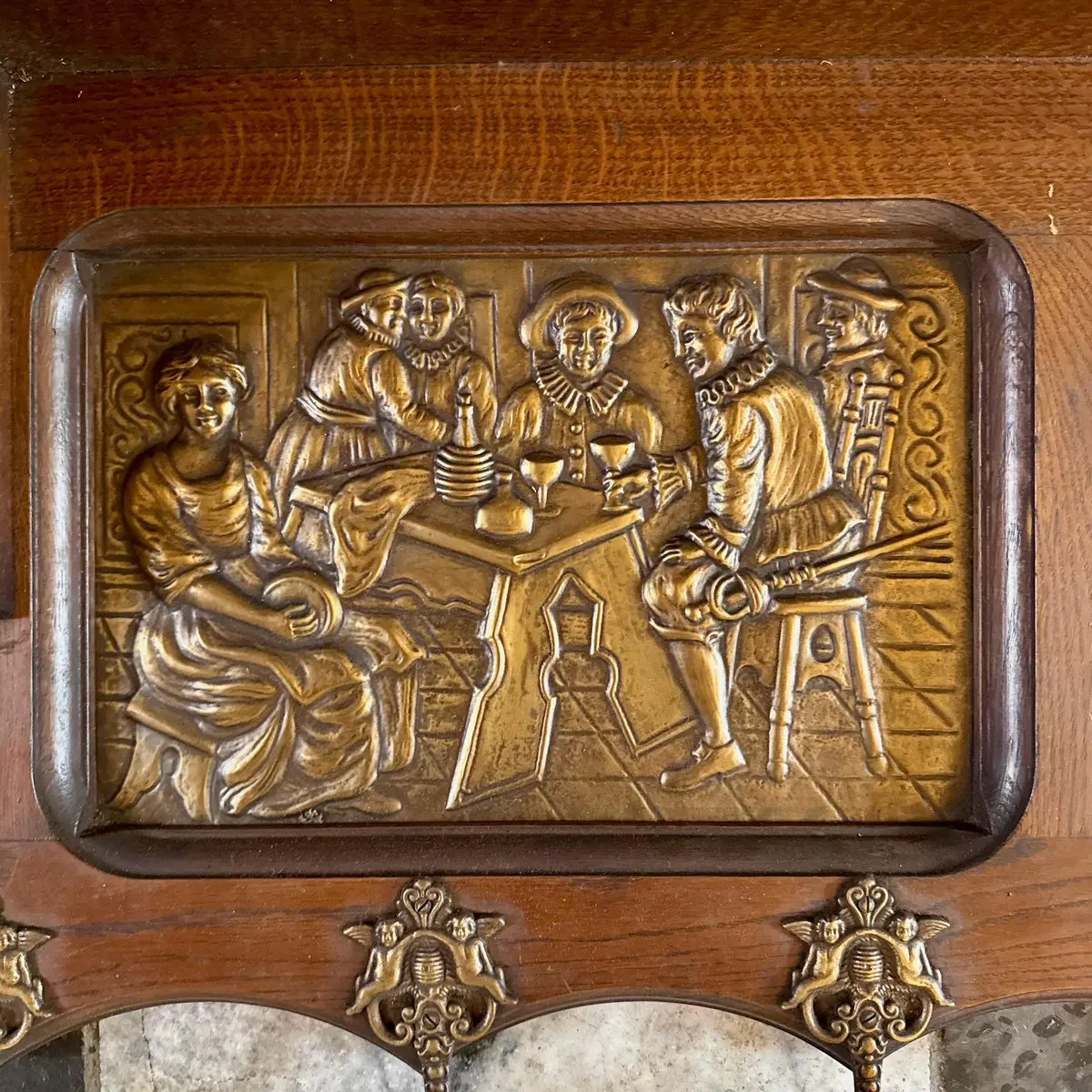 Vintage Oak Coat Rack With Pressed Brass Scenes 2