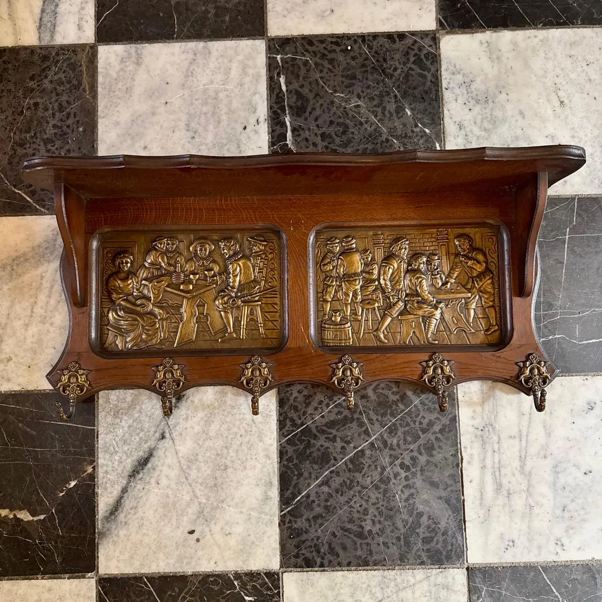 Vintage Oak Coat Rack With Pressed Brass Scenes 1