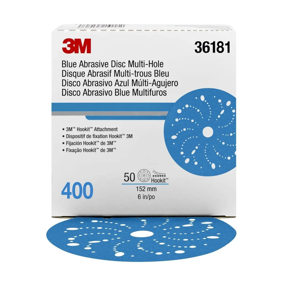 3M 36181 Hookit Blue Sandpaper Disc Multihole 150Mm 400 Grit X 50 Pack Box 1